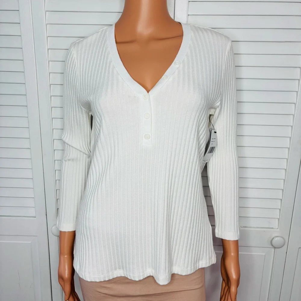 New LIVERPOOL V-Neck Ribbed Sweater in Snow Size Large